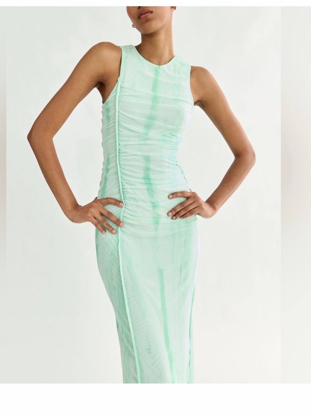 Zara Sleeveless Mint Green Ruched Maxi Dress